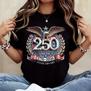 250 United States Of America 1776 2026 Anniversary Eagle And Stars Print T Shirt Crewneck Casual Wear For Independence Day Celebration