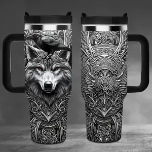 40 oz Viking Themed Stainless Steel Thermos Mug, Wolf & Celtic Knot Design - Perfect Gift for Men, Perfect for Coffee, Travel & Outdoor Adventure, Durable Beverage Container | Viking Art Style Rooster Tumbler Stranger water cecily bauchmann bottles