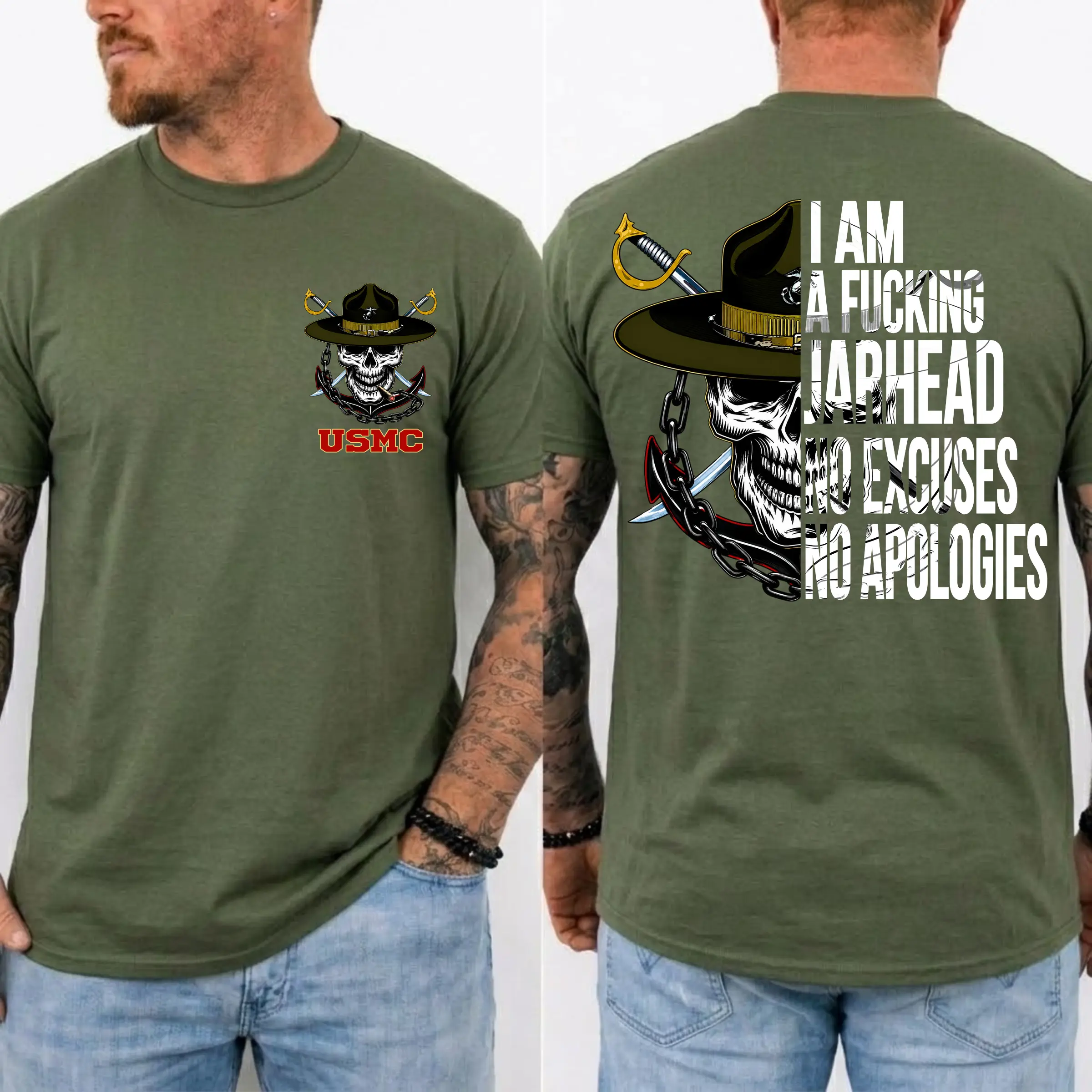 USMC Jarhead Skull T-Shirt – No Excuses No Apologies Vintage Marine Graphic Tee