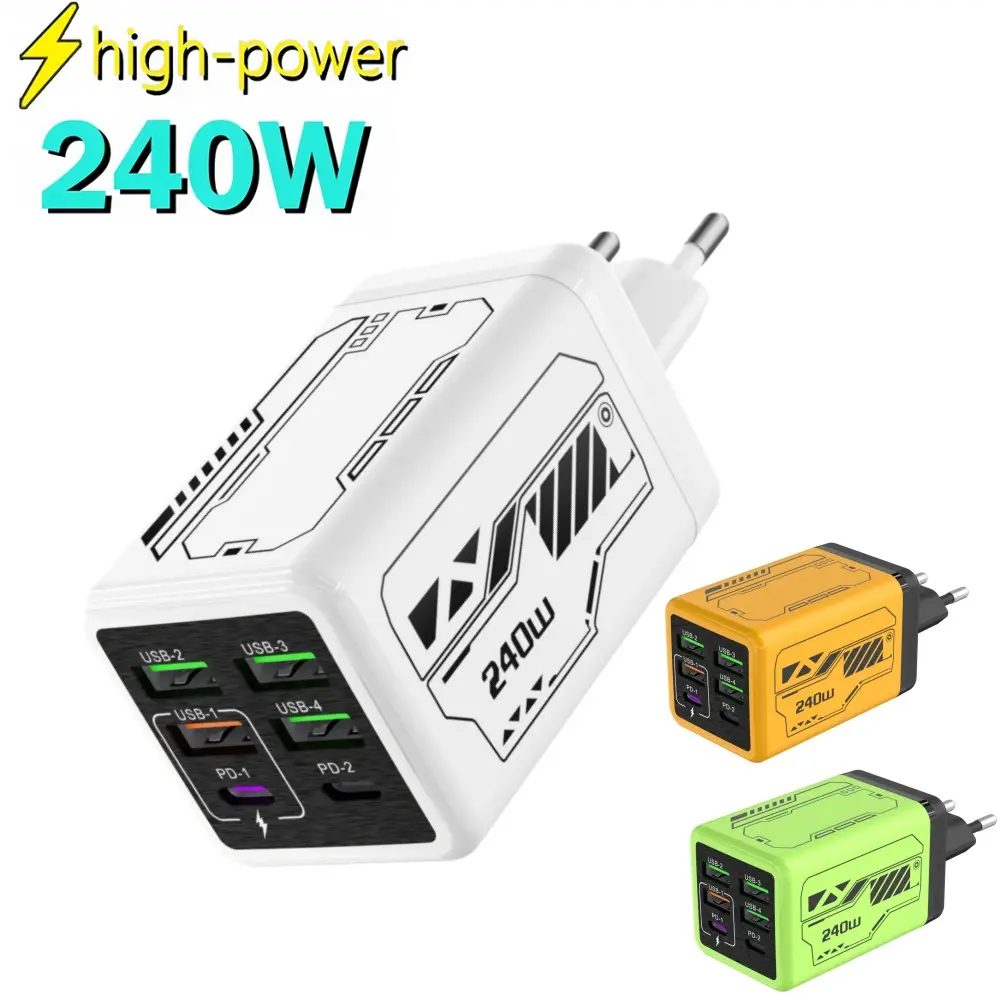 wall charger block usb c 6 in 1   Fast Charger 240W Fast Charging Adapter US Wall Charger 2PD + 4USB QC3.0 Charger Android Cellphone Electronic Usb C Compatible Usb Power Port