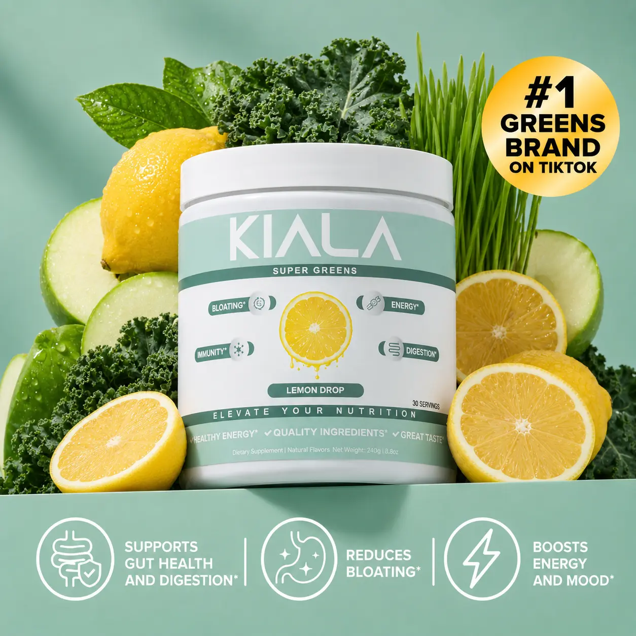 Kiala Nutrition Lemon Drop Organic Super Greens Powder Dietary Supplement