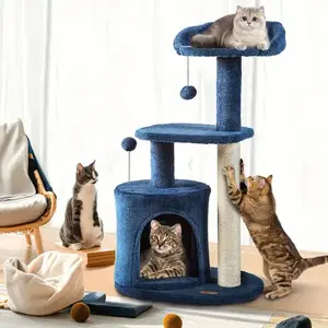 [32-Inch Blue Cat Tree] Multi-Level Cat Tower with Cozy Condo, Sisal Scratching Posts, Plush Perches & Pom-Pom Toys - Sturdy Indoor Cat Furniture for Climbing, Resting & Playtime