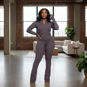 Women's 2-Piece Lounge Set with Cozy Zip-Up Crop Jacket & Flare Pants - Stretchy Comfortable Tracksuit Outfit Perfect for Home Wear, Gym Workout, Streetwear Fashion, Yoga, Running, Casual Daily Activities and Sports Training8eZD