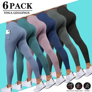 6-Pack Women's Yoga Leggings - High Waisted Pocketed Tight Athletic Casual Workout Pants