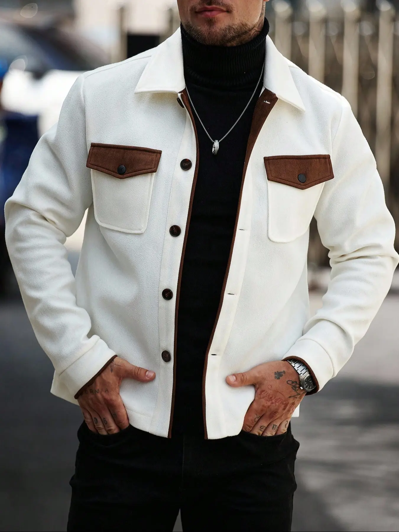 Men's Colorblock Button Jacket, Casual Regular Fit Long Sleeve Coat, Fall & Winter Classic Fashion Street Style, Versatile Daily Wear Outerwear, Casual Fitted Jacket, streetwear jackets, Casual Outerwears, Menswear