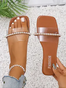 Women's Summer New Square Toe Flat Sandals, Open-Toe Pearl Transparent Strap Design, Soft Non-Slip Sole, Breathable Beach Shoes, Beach Slides Sandals