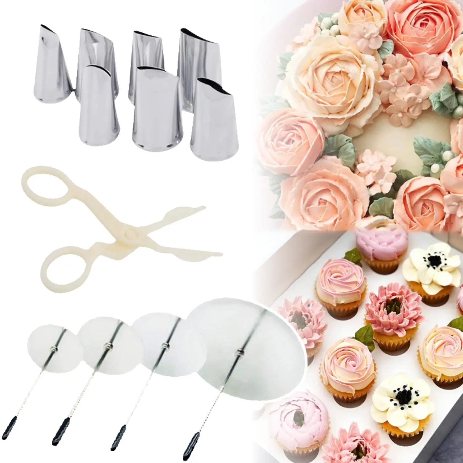12 Pcs Cake Decorating Tool Set,Including 7 Stainless Steel Icing Piping Nozzle Tips,4 Cake Flower Nail and 1 Flower Lifters for Cake Fondant Cupcake,Christmas Party Gifts,Hand Tools Kits