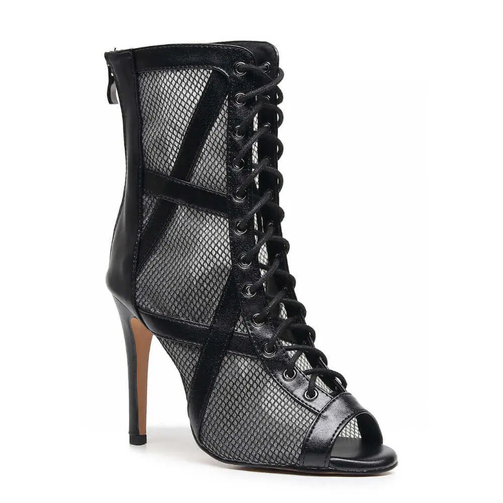 Xiomara - Vegan Leather and Mesh Cross Design Lace Up Latin Dance Booties (Street Sole)