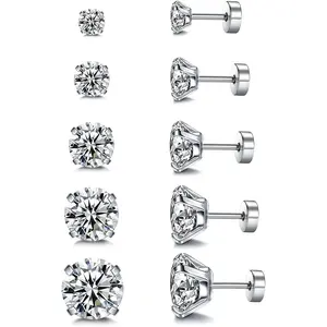 Stud Earrings Set 316L Stainless Steel Hypoallergenic Ear Studs for Women Men, 3-7mm Cubic Zirconia Tragus Cartilage Helix Lobel 20G, Pack of 5 Pairs