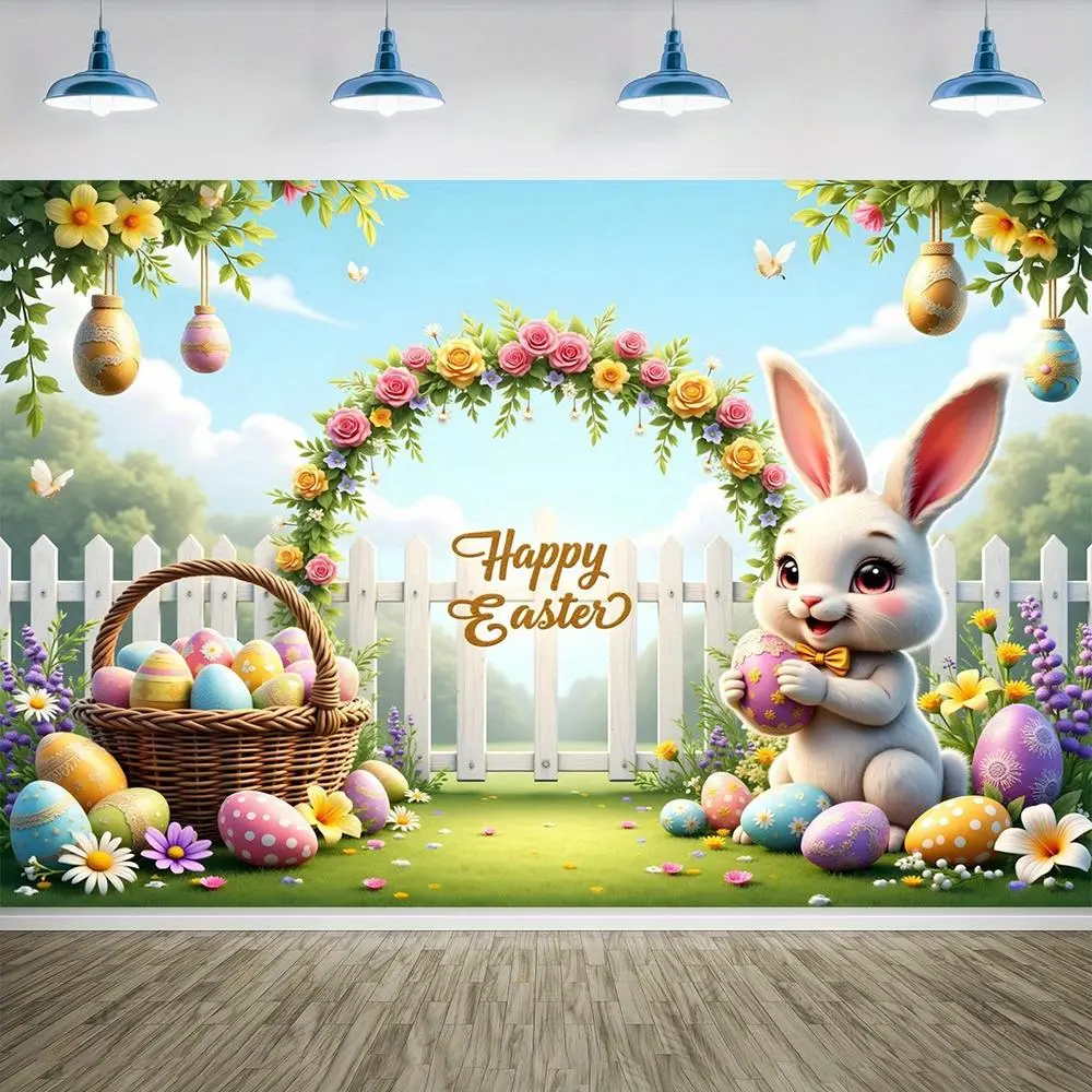 1PC,2D Flat Easter Theme Backdrop, Cute Rabbit & Colorful Eggs Decor Photography Background, Festival Party Event Decoration Backdrop, Children's Birthday Photo Backdrop, Outdoor Lawn Fence Flower, Banners, One-Piece