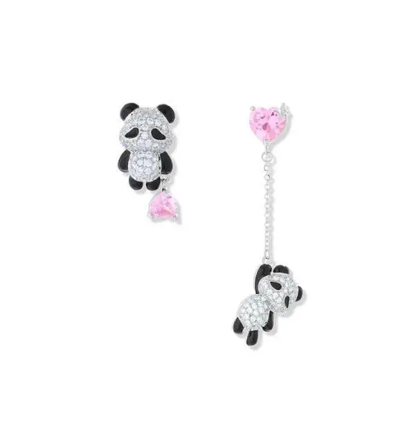 Oufer Shiny CZ Cute Panda Asymmetrical Earrings Set 2PCS