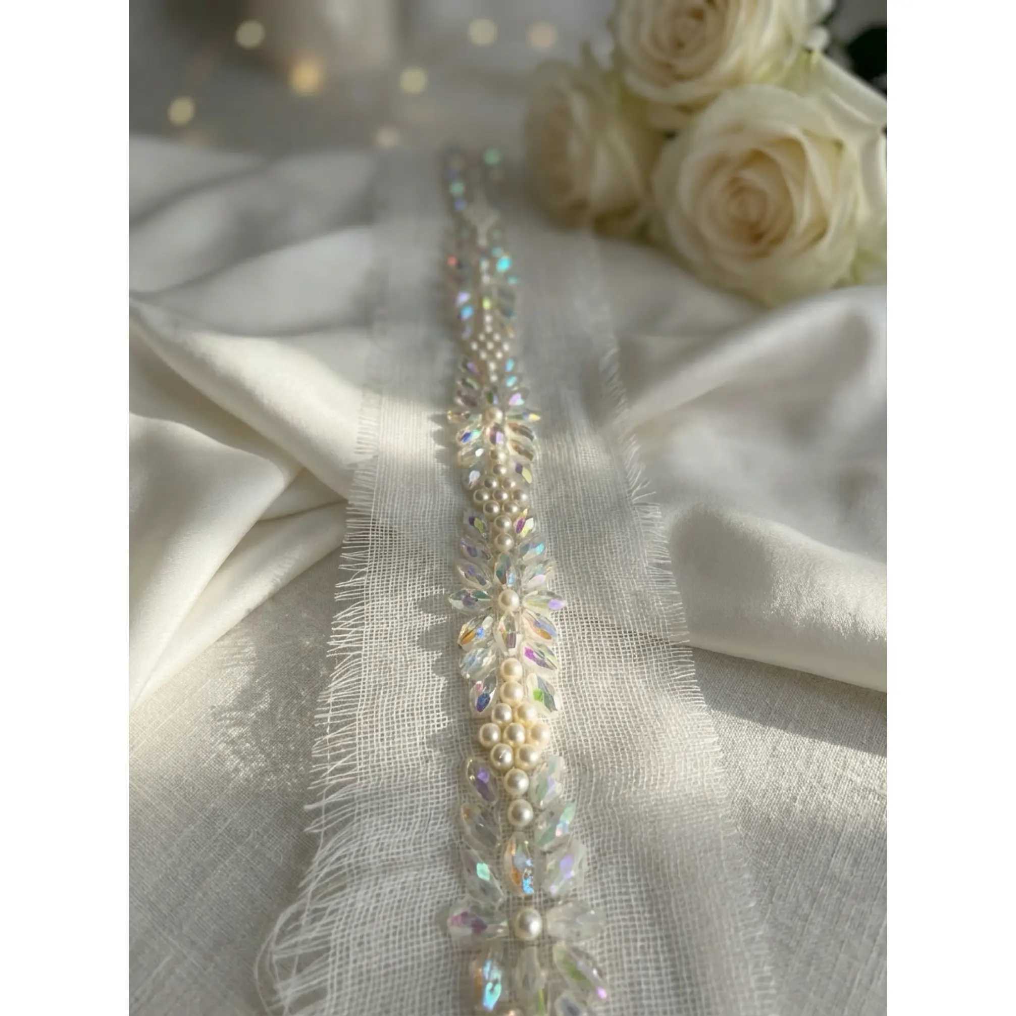 Pearls and Iridescent Crystal Beaded Lace Trim on light  gauze fabric - Self Adhesive and Sew on