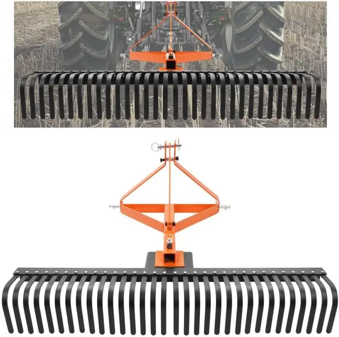 60 Inch 3-Point Landscape Rake, Category-1 Tractor Compatible with Tractor Hitch, 360-Degree Rotation, Steel Alloy 1" Thick Tines, 2-Pack Coverage, Fast Leveling & Hay Clearing for Farm, Construction, Industrial Use