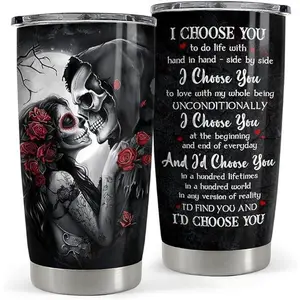 20oz Insulated Stainless Steel Coffee Flask - Portable Gothic Romance Couple Gift, Grim Reaper & Sugar Skull Kiss "I Choose You" Tumbler with Lid for Valentine's Day, Anniversary