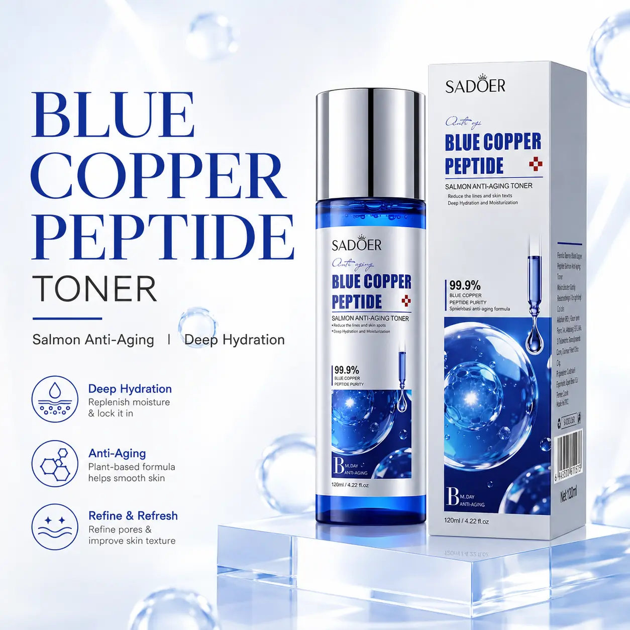 GHK-Cu Copper Peptide Facial Toner, Lightweight Watery Skin Prep for Dewy-Looking Skin, Fresh Fast-Absorbing Non-Sticky Finish, Facial Toner for Glass Skin Routine and Morning or Night Skincare, 120ml / 4.22 fl oz