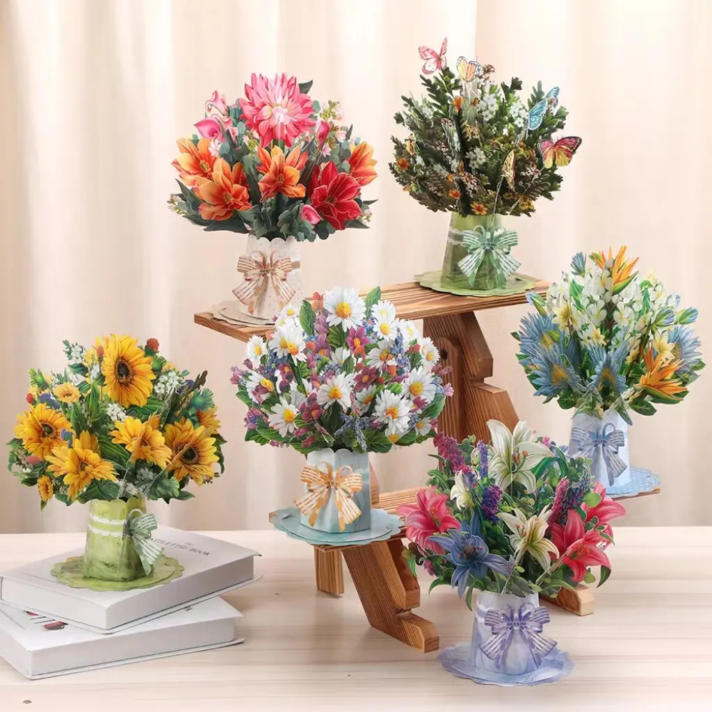 3D Pop-Up Greeting Cards for Birthday, Teacher's Day, Mother's Day, Creative Flower Bouquet Paper Carving Greeting Cards, Thanksgiving Blessing Pop-Up Cards