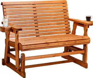 Karlhome Outdoor Glider Wood Patio Chair with Cup Holders, Outdoor Bench Glider Loveseat with Smooth Rocking Mechanism, Heavy Duty 800 LBS