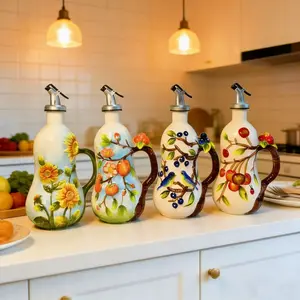 Hand-Painted Ceramic Kitchen Oil & Vinegar Cruet Set, Under Glaze Art Drizzling Bottle for Cooking, Salad Dressing Shaker & Seasoning Dispenser