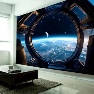 1PC,2D Flat Spaceship Porthole Earth Starry Sky Backdrop, Festival Event Decoration Tapestry, Space - themed Party Shooting Background, Wall Decor Hanging for Bedroom & Living Room