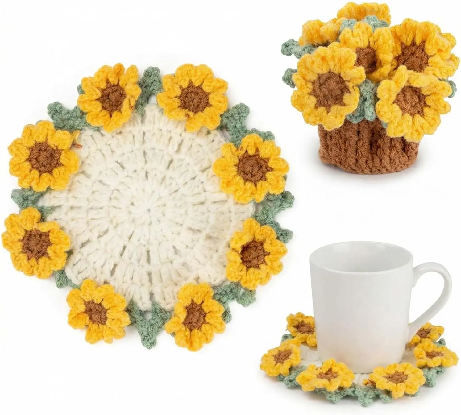 Knitting Crochet Sunflower Potted Plants, Flowers Soft Decorative Coasters Housewarming for Friends, Family and Lover, Handmade Flowers for Home Office Decoration, Car Decoration