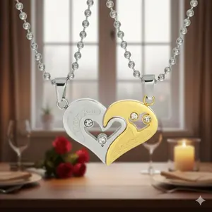 Heart-Shaped Diamond Pendant Necklace Set for Couples, Stainless Steel Matching Initials Jewelry, Romantic Gift for Him Her, Everyday Wear Fashion Accessories
