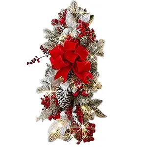 Herdignity Christmas Wreath Cordless Prelit Christmas Swag with Lights, Teardrop Swag Wreath Stair Swag Door Swag Garlands