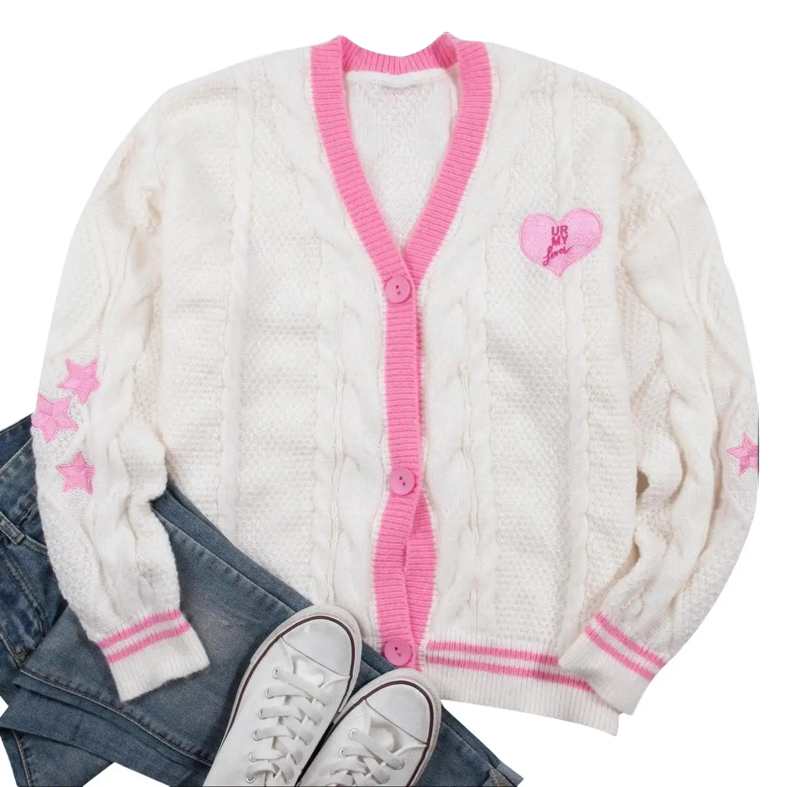 DUTUT Women‘s V Neck Tops Heart Sweaters Autumn Winter Longsleeve Love Sweaters Textured Stripe Taylor Embroidered Button Cardigan 1989 Womenswear