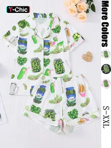 Women's Cucumber Print Short Sleeve Pajama Set, Casual Comfy Button Front Chest Pocket Design Lapel Neck Top & Elastic Waist Shorts PJ Set, Ladies Sleepwear Loungewear