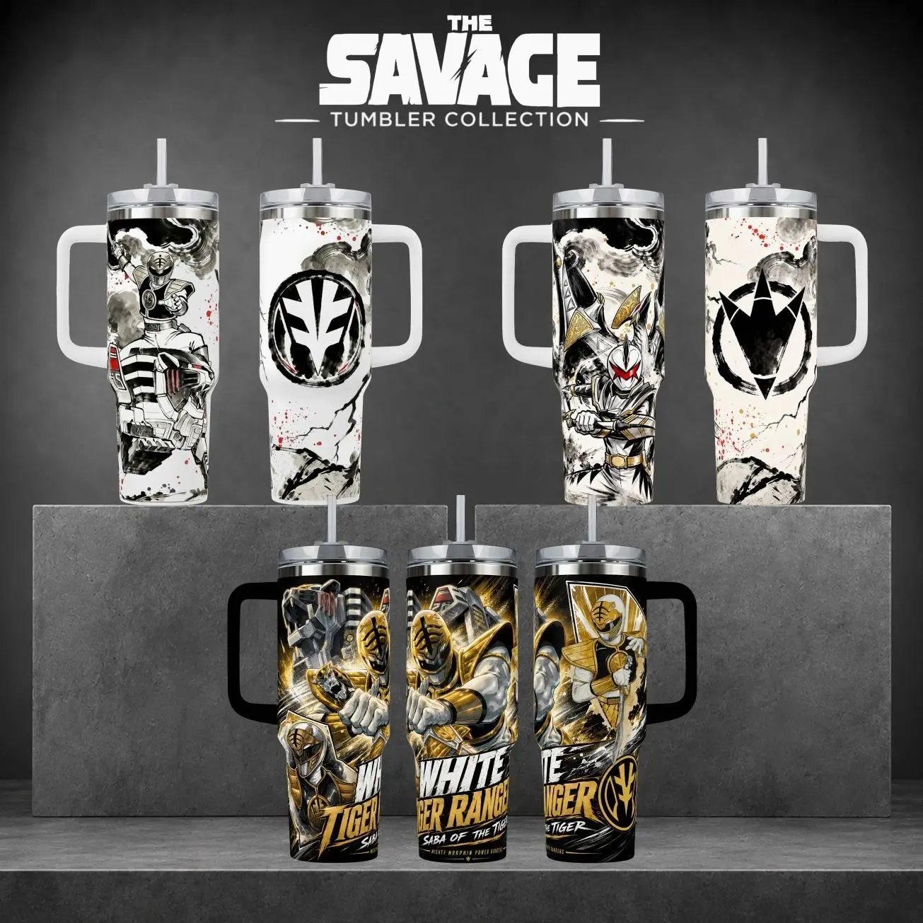 White Ranger Tigerzord Graphic Tumbler, Mighty Morphin 40oz Cup with Handle, Saba Sword Martial Arts 20oz Stainless Steel Travel Mug, 90s Nostalgia Hero Gift, White Ranger Inspired Insulated Tumbler