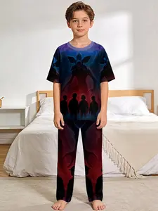 Stylish 2-piece Shadow Monster boys' short-sleeve pajama set with digital print, including an extended sleep pants. Fashionable, casual, comfortable and soft loungewear set, suitable for boys' sleep and home leisure, a perfect gift for boys.