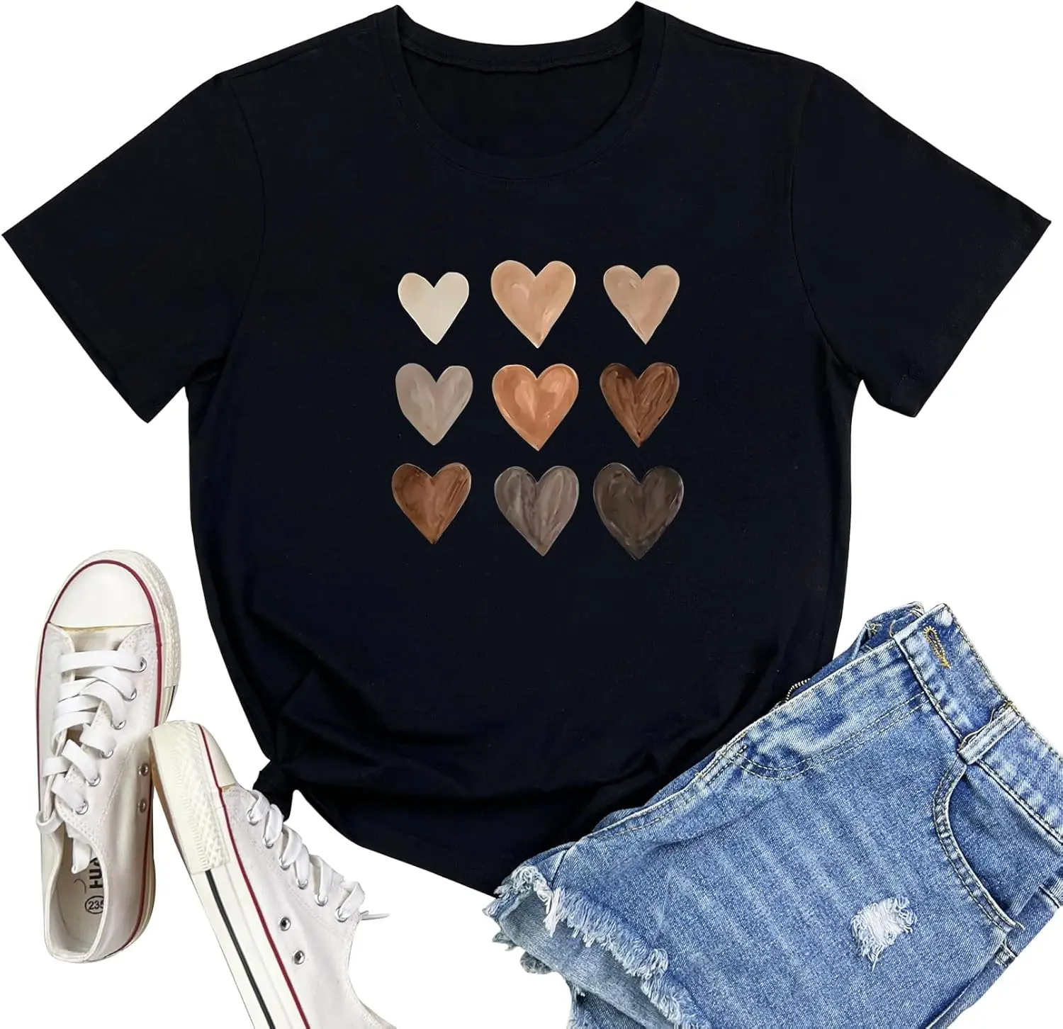 Unisex Graphic T-Shirt with Watercolor Love Hearts Print, 100% Cotton Relaxed Fit Round Neck Short Sleeve Top, Shortsleeve