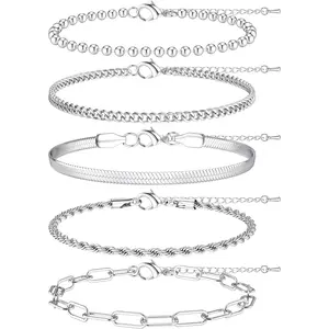 CASSIECA 5Pcs Bracelet for Women Stainless Steel Stacking Bracelets Rope Cuban Figaro Bead Chain Gold Plated Silver Tone Bracelets Link Charm Bracelets Set Jewellery for Women