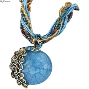 Women's Boho Chic Peacock Pendant Necklace, Blue Stone & Beaded Multi-Layered Fashion Jewelry for Sports & Outdoor Accessory Use