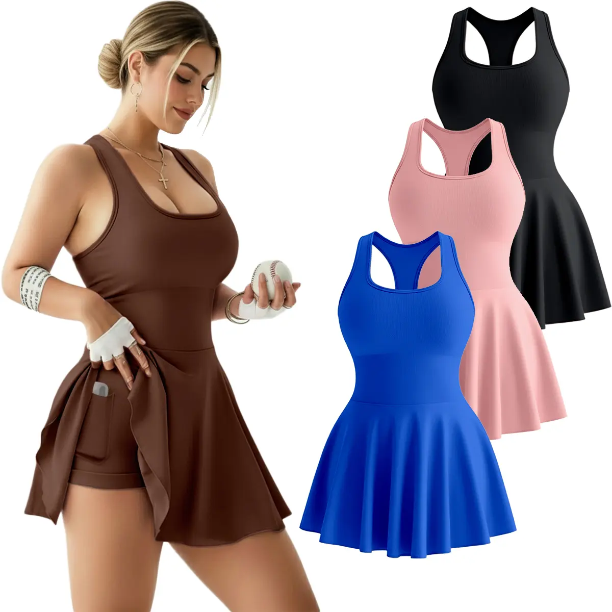 Women's High-Stretch A-Line Sleeveless 2-in-1 Athletic Tennis Dress, Round Neck, Side Pockets, Flattering Slim Fit, Machine Washable, All-Season Tennis Attire, Short Clothes for Women, Tennis Sports Dress, Short Dress For Women