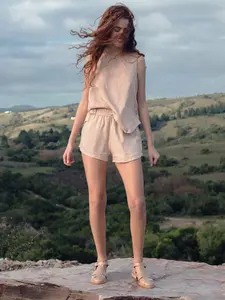 Women's Linen Blend Beach Cover Up Shorts Vacation Resort Lounge [Slightly Sheer]