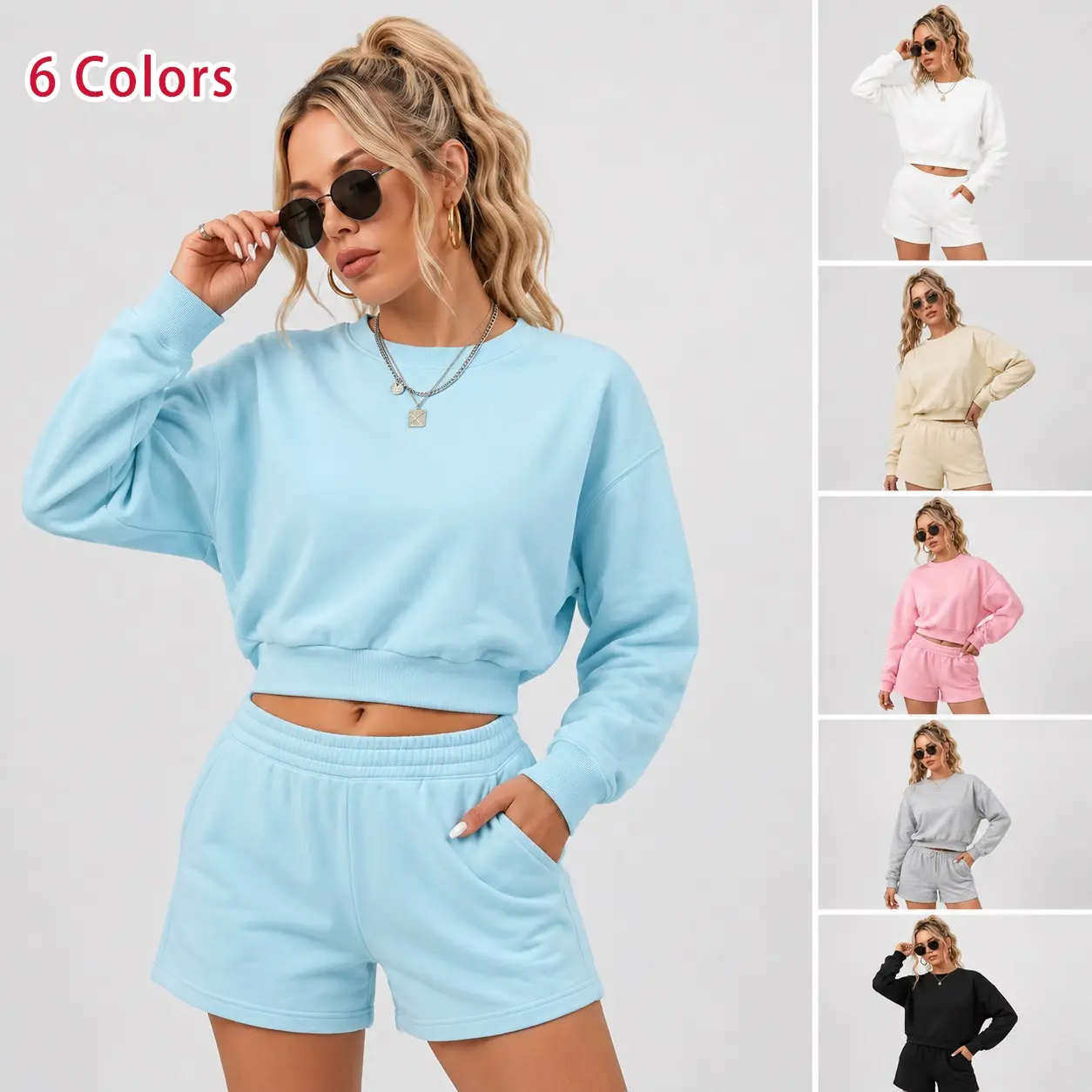 Women’s Casual Long Sleeve Sweatshirt and Shorts Set, Relaxed Two-Piece Lounge Outfit with Crew Neck Pullover and Drawstring Shorts for Spring, Summer and Fall