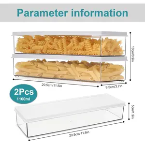 2 Pack Airtight Pasta Containers with Lid, 1.1L Spaghetti Noodle Food Storage Box, Clear Rectangular Cereal Canister for Kitchen Pantry, Plastic Stackable Food Organizer for Fridge