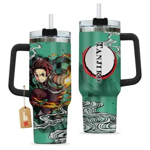 Demon Slayer Kamado Tanjiro 40oz Tumbler – Stainless Steel Travel Mug with Handle, Straw, Insulated, Manga, Anime Lover, Kimetsu No Yaiba Gift for Men and Women