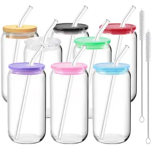 4/8 Pack Glass Cups with Lids and Straws, 16oz Reusable Iced Coffee Cups, Glass Tumblers, Reusable Glass Water Bottle