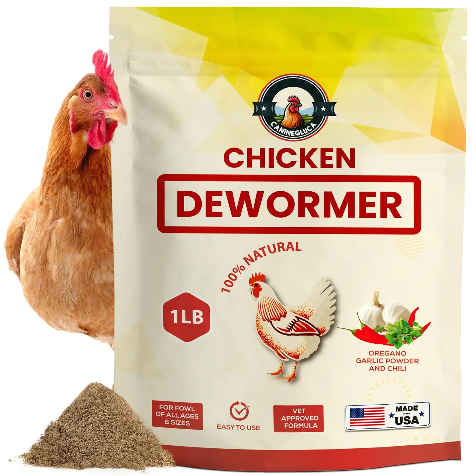1 lb XL Pouch Natural Plant-Based Garlic & Oregano Chicken Dewormer Chili Mix Feed Additive - US Poultry Gut Balance & Parasite Support, All Ages, Egg Safe, Easy-Use Powder with Betel Nut, Artemisia Annua, Powder Form