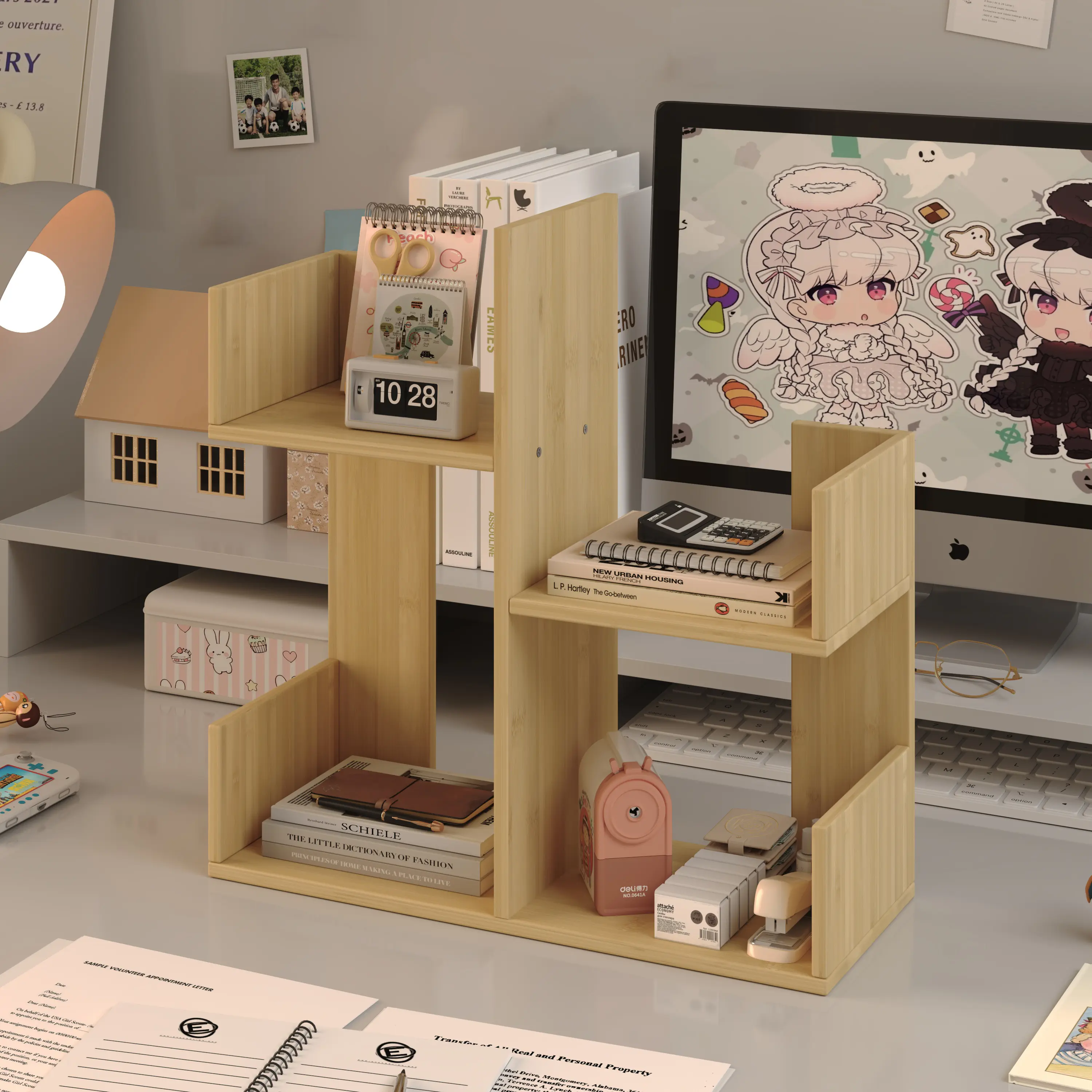 Bamboo Desktop Bookshelf, Desk Shelf Organizer for Office Desk, Small Desk Hutch Book Holder Plant Stand, Space Saving Shelf for Home Dorm