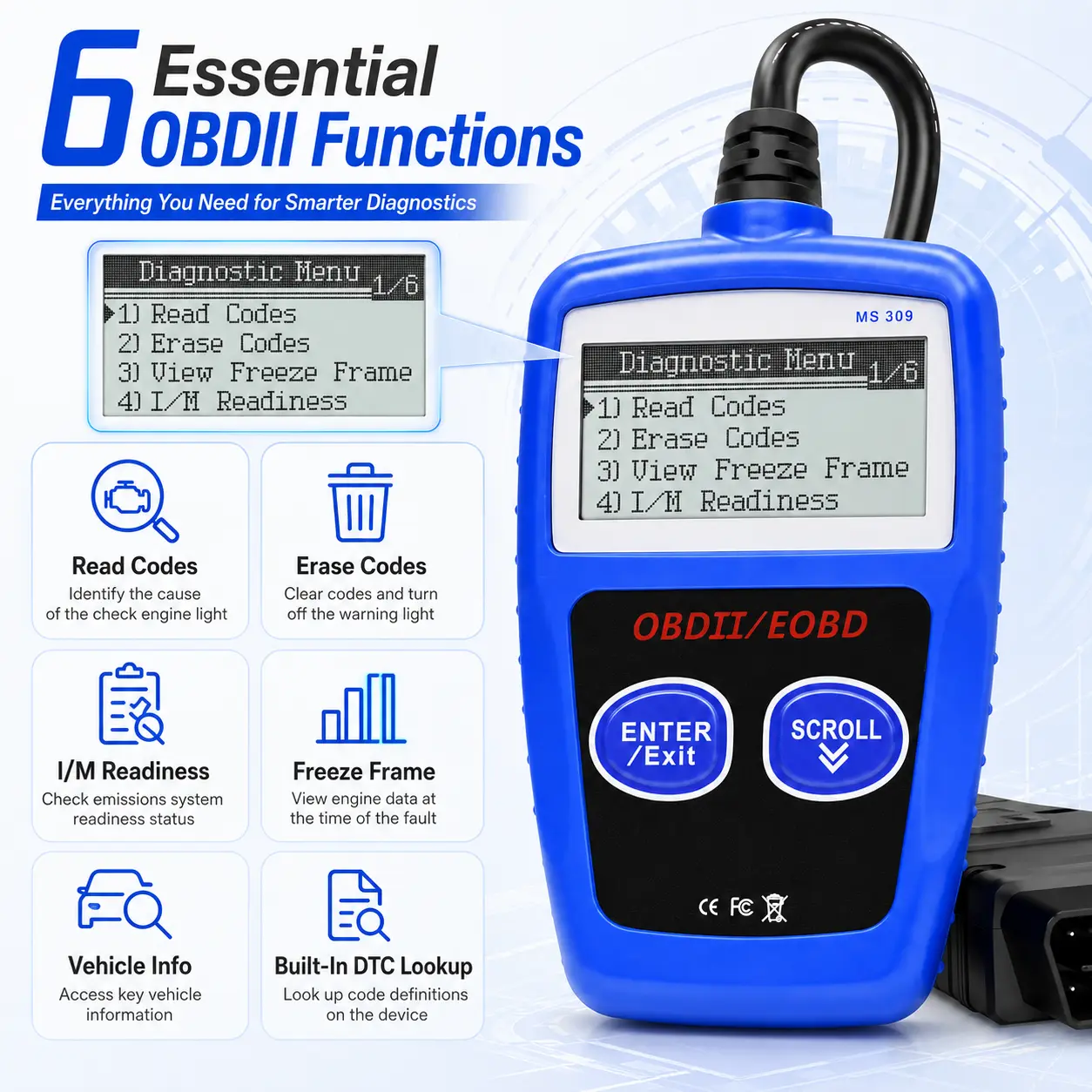 OBDII/EOBD Code Reader Scanner, Car Engine Fault Diagnostic Tool with Read & Erase Codes, I/M Readiness, Freeze Frame, Vehicle Info and DTC Lookup, Plug-and-Play Scanner for Most OBDII Compliant Vehicles, 16-Pin Interface, Accurate And Precise, Car Scanne