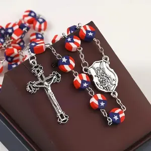 Puerto Rico Flag Beaded Independence Day Cross Necklace, Prayer Baptism Rosary Necklace, For Teenager Meaningful Faith Design Cultural natural stone plastic bead