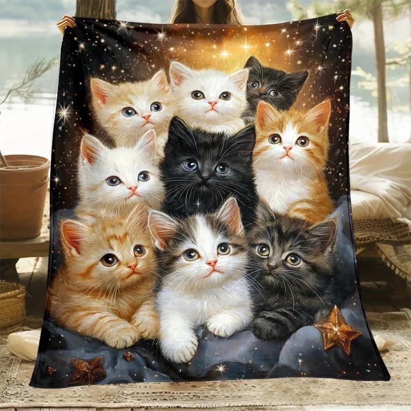 Cat Pattern High-Definition Printed Flannel Soft Fleece Throw Blanket - Light, Soft, Warm Decorative Plush for Living Room, Office, All-Season Gift Nap Use, Soft Fleece Blanket