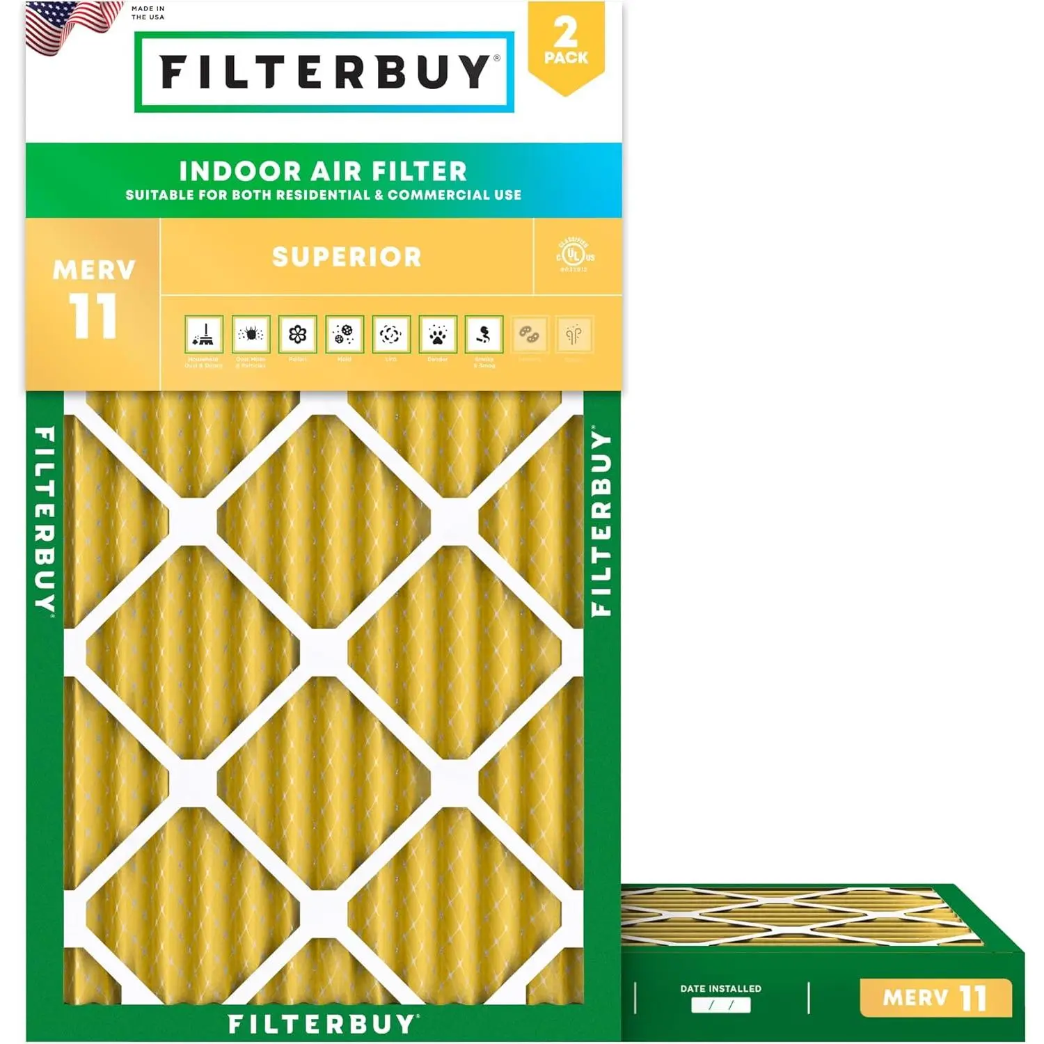 New Household Rectangular Slide-In Polypropylene Synthetic Electrostatic HVAC AC Furnace Replacement Air Filter (2-Pack) - 10x20x2 MERV 11 Allergen Trap, Eco-Friendly Part, Endures Temperatures Up to 200°F (Actual Size: 9.5x19.5x1.75 in)