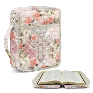 Christian Cross Quilted Bible Cover Case, Floral Cross Bible Bag with Handle & Zipper Pockets, Durable Bible Protector for Women, Faith Gift for Church, Bible Study, on-the-Go Devotional, Fits Standard Holy Bible Cover Case