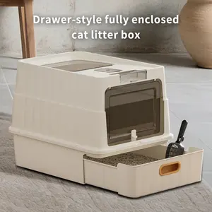 Foldable Enclosed Cat Litter Box with Pull-Out Drawer, Large Anti-Splash Odor Control Litter Pan with Top Exit & Front Entry Kit