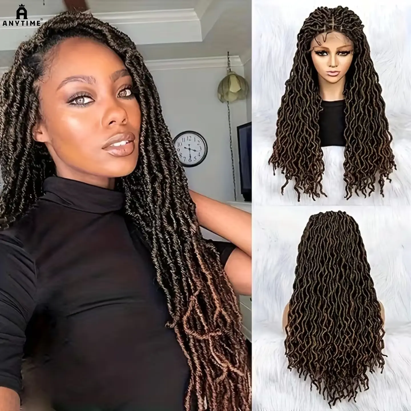 Anytime Unisex 9*6 Lace Front Box Braided Wig - Hand-Woven Heat Resistant Synthetic Fiber Dreadlocks, Natural Look, Easy-to-Wear Braid Headgear Hair Accessory, Synthetic Fiber Wig
