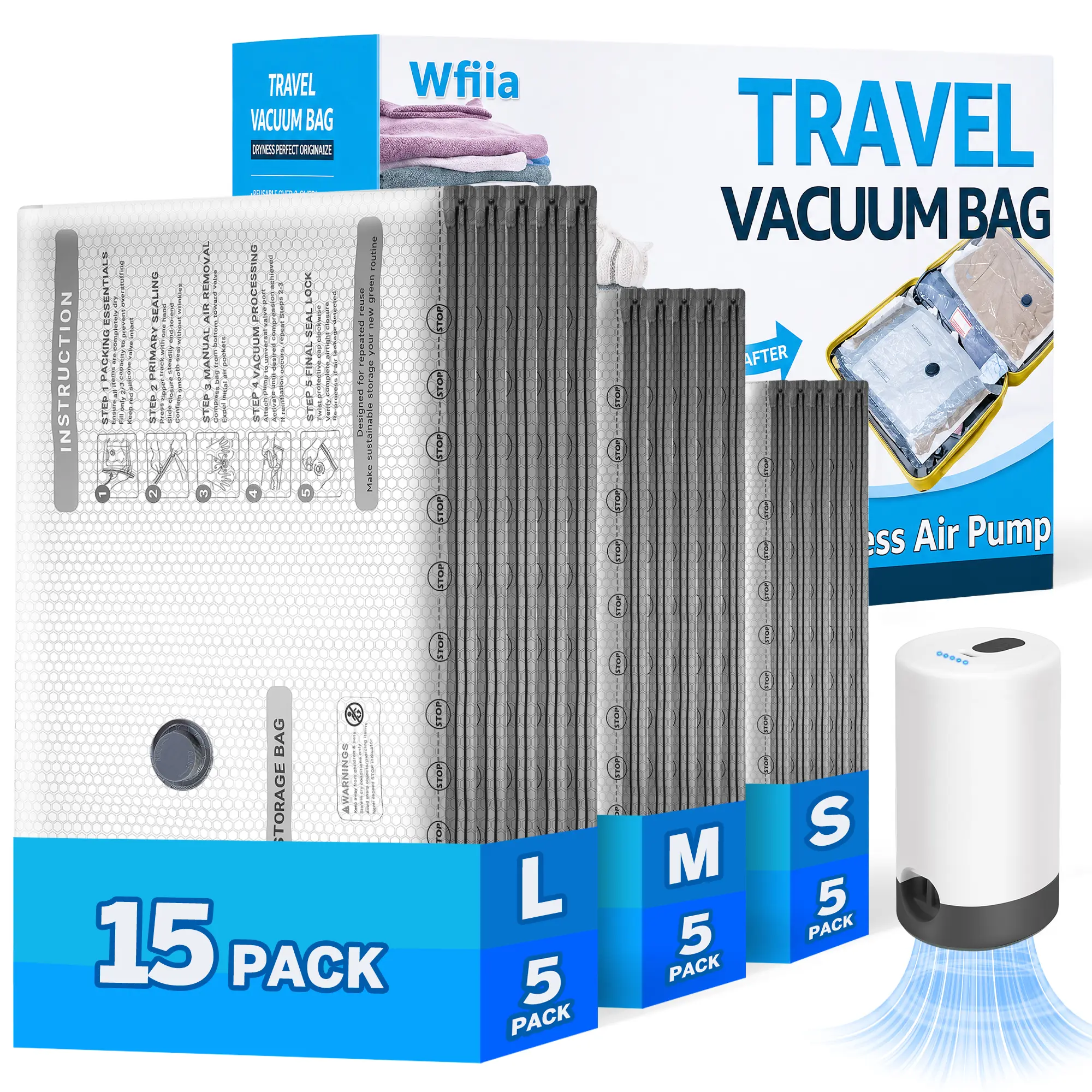 Vacuum Storage Bags, 80% Compression Vacuum Seal Space Saver 15 Pack 3-Size Plastic Packaging Bags for Clothes, Blankets, Pillow, Bedding, Comforters, Sealer Clothing Storage