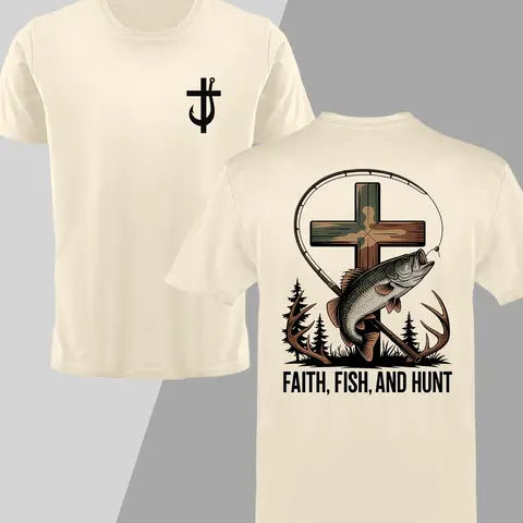 Southern Charm Outdoor Fishing Shirt, Camouflage, Camo Cross Deer Antlers & Bass Print, Casual Round Neck Unisex Summer Top, Comfortable Fitted Design, Knit, Casual Summer Tops, Menswear